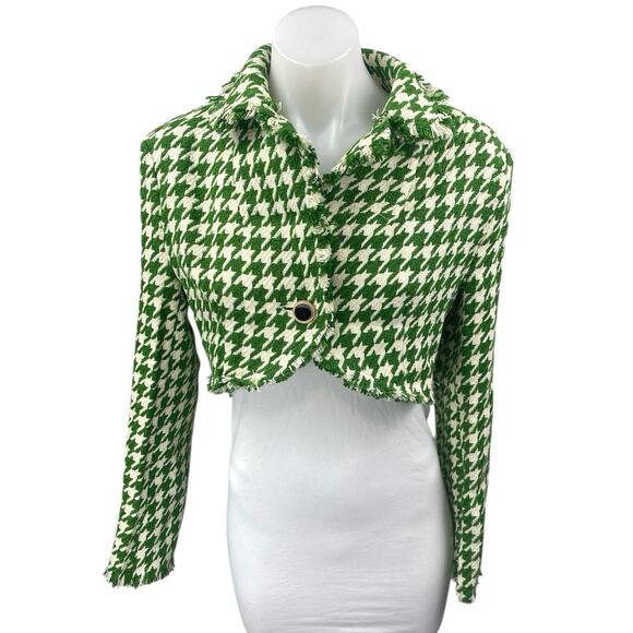 Shein Green Wool Knit Houndstooth Fringe Long Sleeve Button Crop Jacket Top 12 - Picture 1 of 4